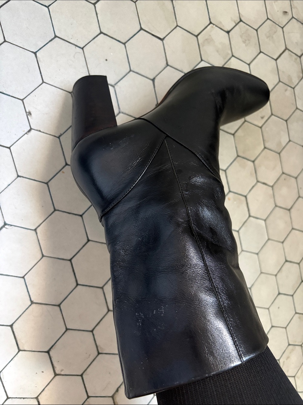 No. 6 Black Leather Mid-Calf Chunky Heel Boots - Picture 8 of 10
